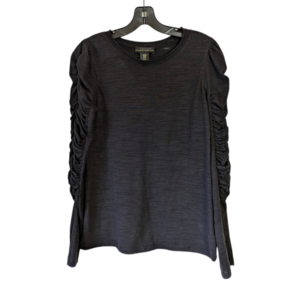 House of Harlow Burnout Top Blouse Semi Sheer Black Ruched Sleeve small Medium